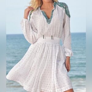 Boston Proper White Fit and Flare Dress with Teal Beads and Silver Sequins